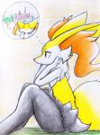  2020 ambiguous_gender big_ears braixen castle chest_tuft detailed_background eiroru fluffy fluffy_tail fur hand_on_face hi_res hip_tuft inner_ear_fluff long_tail looking_away multicolored_body multicolored_fur multicolored_tail nintendo pink_tongue pok&eacute;mon pok&eacute;mon_(species) rear_view red_eyes semi-anthro shoulder_tuft side_view simple_background sitting solo standing thinking thought_bubble tongue traditional_media_(artwork) tree tuft video_games white_body white_fur 
