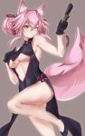  1girl animal_ear_fluff animal_ears bangs blush breasts center_opening china_dress chinese_clothes clothing_cutout dress fate/grand_order fate_(series) fox_ears fox_girl fox_tail glasses gloves highres koyanskaya large_breasts long_hair looking_at_viewer pink_hair smile tail underboob underboob_cutout white-framed_eyewear yahan_(mctr5253) yellow_eyes 