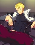  1boy bara black_eyes blonde_hair chest coat facial_tattoo fairy_tail fur-trimmed_coat fur_trim highres laxus_dreyar looking_at_viewer lvlv male_focus midriff_peek muscle pants purple_pants short_hair sideburns skin_tight solo spiked_hair spread_legs tattoo thick_thighs thighs 