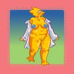  1:1 alphys anthro areola beady_eyes belly blush breasts chubby_female clitoris clothed clothing coat deep_navel eyes_mostly_closed eyewear fangs female front_view genitals glasses hi_res lizard love_handles mostly_nude narrowed_eyes navel nipples non-mammal_breasts on_one_leg open_clothing open_coat open_mouth open_topwear overweight overweight_female pussy reptile scales scalie simple_background slightly_chubby solo spicyparsley standing thick_thighs tongue topwear undertale video_games wavy_mouth wide_hips yellow_body yellow_scales 