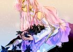  1girl blue_eyes dress elbow_gloves gloves gundam gundam_seed hair_ornament hairclip jtr kneeling lacus_clyne long_hair pink_hair smile solo white_dress 