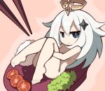  1girl average-hanzo blue_eyes chopsticks genshin_impact halo lettuce looking_at_viewer nude paimon_(genshin_impact) pouty_lips rice short_hair tomato white_hair 