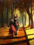  avian bird black_hair blue_eyes bow_tie canid canine female fenavi_montaro fennec feral feretta forest fox fur gothic_lolita hair hi_res lolita_(fashion) mammal path red_fox rodent sciurid silver_fox tree vix_(feretta) yellow_body yellow_fur 