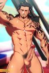  1boy abs arm_up armpits bara bare_chest beard black_hair bulge chest closed_eyes erection facial_hair final_fantasy final_fantasy_xv gladiolus_amicitia highres jewelry looking_at_viewer lvlv male_focus male_pubic_hair medium_hair muscle navel navel_hair necklace nipples nude penis pubic_hair scar scar_across_eye shoulder_tattoo solo tattoo testicles thick_thighs thighs veins veiny_penis 