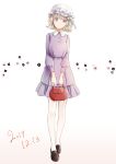  blonde_hair dress hat highres holding_purse loafers maribel_hearn mob_cap pantyhose poteimo_(poteimo622) purple_dress red_purse shoes short_hair solo solo_focus touhou white_background white_legwear 