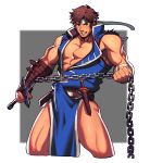  1boy abs bandages bara bare_chest belt blue_eyes blush brown_hair bulge castlevania chain chest cropped_legs cum cum_in_clothes cum_through_clothes erection erection_under_clothes facial_hair headband highres holding holding_weapon jacket lvlv male_focus muscle open_clothes open_jacket pelvic_curtain richter_belmont short_hair sideburns sleeveless solo stubble thick_thighs thighs torn_clothes weapon whip 