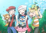  1girl 2boys artist_name ayakadegozans barry_(pokemon) beanie black_hair chimchar closed_eyes cloud commentary_request dawn_(pokemon) day eyelashes fire flame gen_4_pokemon green_scarf hair_ornament hairclip hat highres holding holding_pokemon leaves_in_wind lucas_(pokemon) multiple_boys on_head open_mouth outdoors pants piplup pokemon pokemon_(creature) pokemon_(game) pokemon_dppt pokemon_on_head red_headwear red_scarf scarf short_sleeves sky smile starter_pokemon_trio teeth tongue tree turtwig watermark white_headwear 