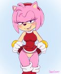  2020 amy_rose anthro bedroom_eyes blush breasts clothed clothing clothing_lift cubedcoconut curvy_figure dress dress_lift eulipotyphlan female flashing front_view genitals gloves hair handwear hedgehog hi_res hourglass_figure looking_at_viewer mammal narrowed_eyes no_underwear open_mouth open_smile pink_body pink_hair portrait presenting presenting_pussy pussy red_clothing red_dress seductive smile solo sonic_the_hedgehog_(series) standing three-quarter_portrait wide_hips 