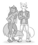  2020 5_fingers anthro barefoot biped bottomwear canid canine canis clothed clothing crossed_arms digital_media_(artwork) domestic_cat duo feet felid feline felis female fingers fox fully_clothed fur hair hi_res jacket jewelry male male/female mammal monochrome navel necklace nicnak044 pants paws shirt signature simple_background sketch smile standing toes topwear vest whiskers 