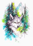  2020 anthro canid canine canis elkir evergreen_tree female forest fur grey_body grey_fur hi_res landscape mammal mountain painting_(artwork) pen_(artwork) pine_tree simple_background solo splashes traditional_media_(artwork) tree watercolor_(artwork) white_background white_body white_fur wolf yellow_eyes 