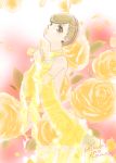  1girl akagi_mako ballroom_e_youkoso blonde_hair brown_eyes dress earrings elbow_gloves flower gloves halter_dress headband highres jewelry necklace pearl_necklace solo user_rmza4478 yellow_dress 