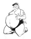  4:5 absurd_res anthro belly big_belly black_and_white clothed clothing curled_tail domestic_pig ferrets102 hands_on_belly hat headgear headwear hi_res holding_belly hooves human human_to_anthro kneeling male mammal monochrome moobs navel nipples obese obese_male overweight overweight_male solo species_transformation suid suina sus_(pig) tattoo thick_thighs transformation weight_gain worried wrestling_singlet 