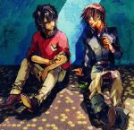  2boys athrun_zala blue_hair brown_hair can green_eyes gundam gundam_seed holding holding_can jtr kira_yamato multiple_boys purple_eyes short_hair sitting smile torii_(gundam) 