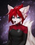  2020 abstract_background anthro black_nose canid canine canis clothed clothing cosplay digital_media_(artwork) dragonfu ear_piercing ear_ring female fluffy fluffy_tail fox front_view fur green_eyes hair half-length_portrait hi_res hybrid inner_ear_fluff looking_at_viewer mammal piercing portrait red_hair short_hair solo star_trek tuft white_body white_fur white_tail wolf 