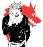  2020 anthro brand_new_animal canid canine canis clothed clothing collar digital_media_(artwork) fur hair hi_res male mammal naikuma shirou_ogami simple_background solo studio_trigger wolf 