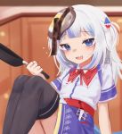 1girl :d absurdres akai_haato akai_haato_(cosplay) bangs black_legwear blue_eyes blue_hair blue_skirt blurry blurry_background blush burnt_food collar commentary cooking cosplay depth_of_field egg failure feet_out_of_frame food food_on_head frying_pan gawr_gura hair_ornament hand_up highres holding hololive hololive_english klaius looking_at_viewer multicolored_hair neck_ribbon object_on_head open_mouth red_collar red_ribbon ribbon sailor sailor_collar school_uniform sharp_teeth short_sleeves sitting skirt smile solo streaked_hair teeth thighhighs virtual_youtuber white_hair 