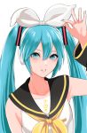  1girl blue_eyes blue_hair bow cosplay hair_between_eyes hair_bow hatsune_miku highres kagamine_rin kagamine_rin_(cosplay) looking_up meriko parted_lips school_uniform serafuku solo twintails vocaloid white_bow 