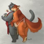  1:1 anthro apron apron_only belly butt canid canine clothed clothing digital_media_(artwork) disney domestic_cat duo felid feline felis fox gideon_grey hi_res izvy_(artist) male male/male mammal mostly_nude overweight overweight_male partially_clothed simple_background zootopia 