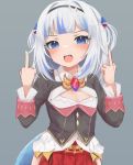  1girl :o absurdres bangs blue_eyes blue_hair blush commentary cosplay double_middle_finger eyebrows_visible_through_hair flat_chest gawr_gura grey_background hair_ornament highres hololive hololive_english kiryuu_coco kiryuu_coco_(cosplay) klaius looking_at_viewer middle_finger multicolored_hair open_mouth sharp_teeth short_hair simple_background skirt smile solo streaked_hair teeth thighhighs virtual_youtuber white_hair 