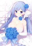  1girl bangs bare_shoulders blue_eyes blue_flower blue_hair blue_rose blush bouquet breasts bride cleavage collarbone detached_collar dress elbow_gloves emori_miku emori_miku_project eyebrows_visible_through_hair flower gloves hair_ornament hairclip highres jewelry lace-trimmed_dress lace-trimmed_gloves lace_trim large_breasts long_hair looking_at_viewer miko_92 necklace rose smile solo strapless strapless_dress veil very_long_hair wedding_dress white_dress 