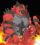  2020 abs anthro balls belly_hair biceps black_background bodily_fluids body_hair chest_hair erection eurobeat fire genital_fluids genitals hi_res humanoid_genitalia humanoid_penis incineroar looking_at_viewer male muscular muscular_anthro muscular_male nintendo nipples nude pecs penis pok&eacute;mon pok&eacute;mon_(species) precum simple_background smile solo standing teeth tongue tongue_out vein video_games yellow_sclera 