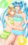  2girls blonde_hair blue_eyes breasts food fruit hair_ornament hairclip hatsune_miku highres hug kagamine_rin lemon lemon_slice lime_slice long_hair looking_at_viewer meriko midriff multiple_girls musical_note_hair_ornament navel short_hair small_breasts summer twintails vocaloid 