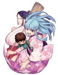  2girls :d bamboo_broom bangs black_hair blue_hair breasts broom brown_eyes character_doll commentary_request doll fangs floral_print hamada_yoshikazu highres holding holding_doll huge_breasts japanese_clothes kagami_kazuya kimono kiriha_(tsugumomo) kokuyou light_smile long_hair looking_at_viewer miko multiple_girls obi official_art open_mouth parted_bangs pointy_ears print_kimono red_eyes sash simple_background smile teeth tsugumomo white_background wide_sleeves 