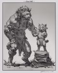  2020 anthro biceps braided_hair claws clothed clothing duo father father_and_child father_and_son felid fur greyscale hair hi_res lion loincloth male mammal monochrome muscular muscular_anthro muscular_male open_mouth pantherine parent parent_and_child pecs sharp_teeth smile son standing taran_fiddler teeth were 