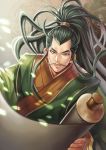 1boy black_eyes black_hair chinese_clothes fa_zheng facial_hair green_robe holding holding_scroll long_hair looking_at_viewer male_focus mustache sangokushi_puzzle_taisen scroll solo upper_body very_long_hair winter_(winter168883) 