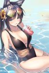  1girl animal_ear_fluff animal_ears arm_support azur_lane bangs bare_shoulders black_hair black_swimsuit blue_eyes blush breasts cleavage collarbone cup disposable_cup drinking drinking_straw eyebrows_visible_through_hair eyeshadow eyewear_on_head flower hair_flower hair_ornament highres holding holding_cup kii_(azur_lane) kii_(poolside_persuasion)_(azur_lane) large_breasts leaning_back long_hair looking_at_viewer makeup one-piece_swimsuit see-through shimozuki_shio signature sitting solo sunflower sunglasses swimsuit thigh_strap tinted_eyewear very_long_hair water wet 