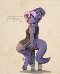  2020 anthro bottomwear clothed clothing dialogue english_text female fully_clothed hair hi_res looking_at_viewer louart pink_hair purple_body scalie shorts signature simple_background sitting solo speech_bubble tan_background text 