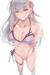  1girl arms_behind_back bangs bare_shoulders bikini blue_eyes blush breasts cleavage collarbone earrings fate/grand_order fate_(series) hair_ribbon highres jewelry kama_(fate/grand_order) large_breasts long_hair looking_at_viewer matcha7611 red_eyes ribbon silver_hair simple_background smile swimsuit thighs white_background white_bikini 