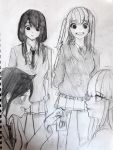  4girls empty_eyes graphite_(medium) highres jealous jyang_(cimrec3005) katou_asuka kuroki_tomoko long_hair low-tied_long_hair miniskirt monochrome multiple_girls nemoto_hina open_mouth school_uniform skirt smile tamura_yuri traditional_media watashi_ga_motenai_no_wa_dou_kangaetemo_omaera_ga_warui! yandere yuri 