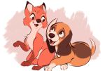  2020 brown_body brown_fur canid canine canis cheek_tuft chest_tuft copper_(fath) disney domestic_dog duo facial_tuft feral fox fox_and_the_hound fur head_tuft hi_res leg_markings mammal markings open_mouth open_smile orange_body orange_fur red_fox simple_background smile socks_(marking) tod_(fath) tohupo tuft whiskers 