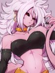  1girl android_21 bare_shoulders black_nails black_sclera breasts choker cleavage collarbone dragon_ball dragon_ball_fighterz earrings fingernails hoop_earrings jewelry kemachiku long_hair looking_at_viewer majin_android_21 medium_breasts midriff nail_polish navel pink_skin purple_background red_eyes simple_background solo tail white_hair yellow_choker 