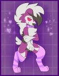  &lt;3 2020 ambiguous_gender anthro blush border canid canine claws clothing digital_media_(artwork) frostology fur hi_res legwear luna_(lunalycan) lycanroc mammal midnight_lycanroc nintendo pink_body pink_fur pok&eacute;mon pok&eacute;mon_(species) purple_border simple_background thigh_highs video_games white_body white_fur 