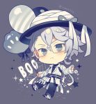  1boy alternate_costume azul_ashengrotto balloon blue_eyes candy chibi collared_shirt food glasses halloween_costume hat long_sleeves looking_at_viewer male_focus mole mole_under_mouth mummy_costume official_alternate_costume ribbon shirt silver_hair solo twisted_wonderland white_shirt yumenouchi_chiharu 