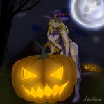  1:1 absurd_res canid canine clothing digital_media_(artwork) fan_character female full_moon hat headgear headwear hi_res human human_focus jack-o&#039;-lantern light looking_at_viewer magic_user mammal moon moonlight night were werecanid werecanine werewolf witch witch_hat 