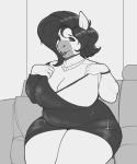  2020 anthro big_breasts breasts cleavage clothed clothing conditional_dnp curvy_figure dress equid equine female fingers greyscale hair hi_res horse huge_breasts jewelry mammal monochrome necklace overweight overweight_anthro overweight_female sitting solo thick_thighs voluptuous xopachi 