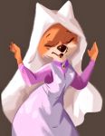  2020 anthro brown_background canid canine clothed clothing disney female fox fully_clothed fur hi_res light lighting maid_marian mammal open_mouth orange_body orange_fur red_fox robin_hood_(disney) simple_background solo tohupo 