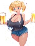  1girl alcohol beer beer_mug black_tank_top blonde_hair blue_eyes breasts cleavage cup denim denim_shorts huge_breasts looking_at_viewer meisuke_mei mug musical_note original short_hair short_shorts shorts smile star_(symbol) starry_background tank_top twintails 