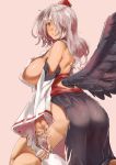  areola_slip areolae black_wings breasts colored_eyelashes dark_skin detached_sleeves grey_hair hair_over_one_eye highres japanese_clothes kneeling kourindou_tengu_costume large_breasts lord_tenma medium_hair no_bra no_panties parted_lips plump red_eyes ribbon-trimmed_sleeves ribbon_trim sash sideboob simple_background solo thick_thighs thighs touhou wings yohane 