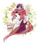  1girl apron bangs benienma_(fate/grand_order) cropped_torso eyebrows_visible_through_hair fate/grand_order fate_(series) hat hinoya holding japanese_clothes long_hair long_sleeves looking_at_viewer low_ponytail open_mouth parted_bangs red_eyes red_hair rice_spoon solo very_long_hair white_apron wide_sleeves 