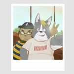  1:1 2019 anthro brown_body brown_fur canid canine canis clothing domestic_dog duo eyewear fatkylefat fur glasses grey_body grey_fur hat headgear headwear hi_res kemono male mammal one_eye_closed shirt sitting slightly_chubby text text_on_clothing text_on_shirt text_on_topwear topwear wink 