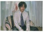  1boy 1girl black_hair chair closed_mouth curtains frame highres indoors long_hair looking_at_viewer looking_out_window necktie neckwear original painterly pink_hair purple_eyes qunqing123 sitting solo_focus striped striped_neckwear 