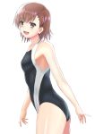  1girl ass black_swimsuit brown_eyes brown_hair commentary_request competition_swimsuit cowboy_shot flat_chest highres higofushi looking_at_viewer misaka_mikoto one-piece_swimsuit short_hair simple_background smile solo standing swimsuit to_aru_kagaku_no_railgun to_aru_majutsu_no_index white_background 