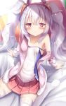  1girl :&lt; animal_ears arm_support azur_lane bed_sheet blush bunny_ears camisole closed_mouth commentary_request fake_animal_ears hairband highres jacket laffey_(azur_lane) long_hair long_sleeves looking_at_viewer na!?_(naxtuyasai) no_shoes off_shoulder open_clothes open_jacket pillow pink_jacket pleated_skirt red_eyes red_hairband red_skirt silver_hair skirt soles solo strap_slip thighhighs twintails very_long_hair white_camisole white_legwear 