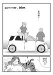  absurd_res anthro barazoku bed bottomwear canid canine canis car clothing comic domestic_cat domestic_dog felid feline felis furniture hi_res himachi humanoid_hands japanese_text kemono male mammal monochrome pantherine pants shirt sitting text tiger topwear vehicle 
