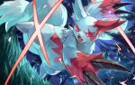  claws cloud commentary_request fangs gen_3_pokemon highres leaves_in_wind moon night no_humans open_mouth outdoors pink_eyes pokemon pokemon_(creature) sky solo tapioka_chaso tongue tree white_fur zangoose 