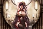  1girl 333_(pixiv8601259) absurdres armpits arms_behind_head azur_lane bangs bare_shoulders black_hair blush breasts bridal_gauntlets china_dress chinese_clothes cleavage cleavage_cutout clothing_cutout dress hair_between_eyes hair_ornament highres knee_up large_breasts long_hair looking_at_viewer red_dress red_eyes sitting solo sweat taihou_(phoenix&#039;s_spring_song)_(azur_lane) thighhighs very_long_hair 